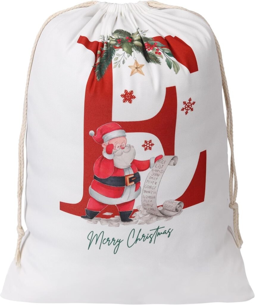 Leziazany Initial Christmas Santa Sack Personalized Monogram E Christmas Gift Bag with Drawstring Large Reusable Canvas Santa Bag for New Year Christmas Party Supplies Favors… Leziazany Initial Christmas Santa Sack Personalized Monogram E Christmas Gift Bag with Drawstring Large Reusable Canvas Santa Bag for New Year Christmas Party Supplies Favors…