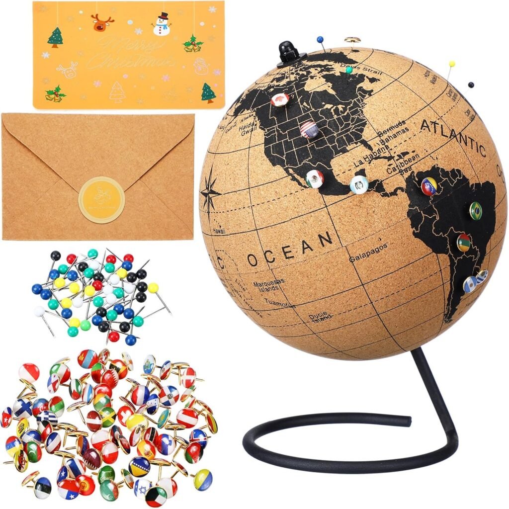 Personalized Cork Globe with 100 National Flag Push Christmas Gift Card 9.9H x 7.5Dia World Travel Map with Stand Adventure Spinning Globe Christmas Gift for Travel Lovers Personalized Cork Globe with 100 National Flag Push Christmas Gift Card 9.9H x 7.5Dia World Travel Map with Stand Adventure Spinning Globe Christmas Gift for Travel Lovers