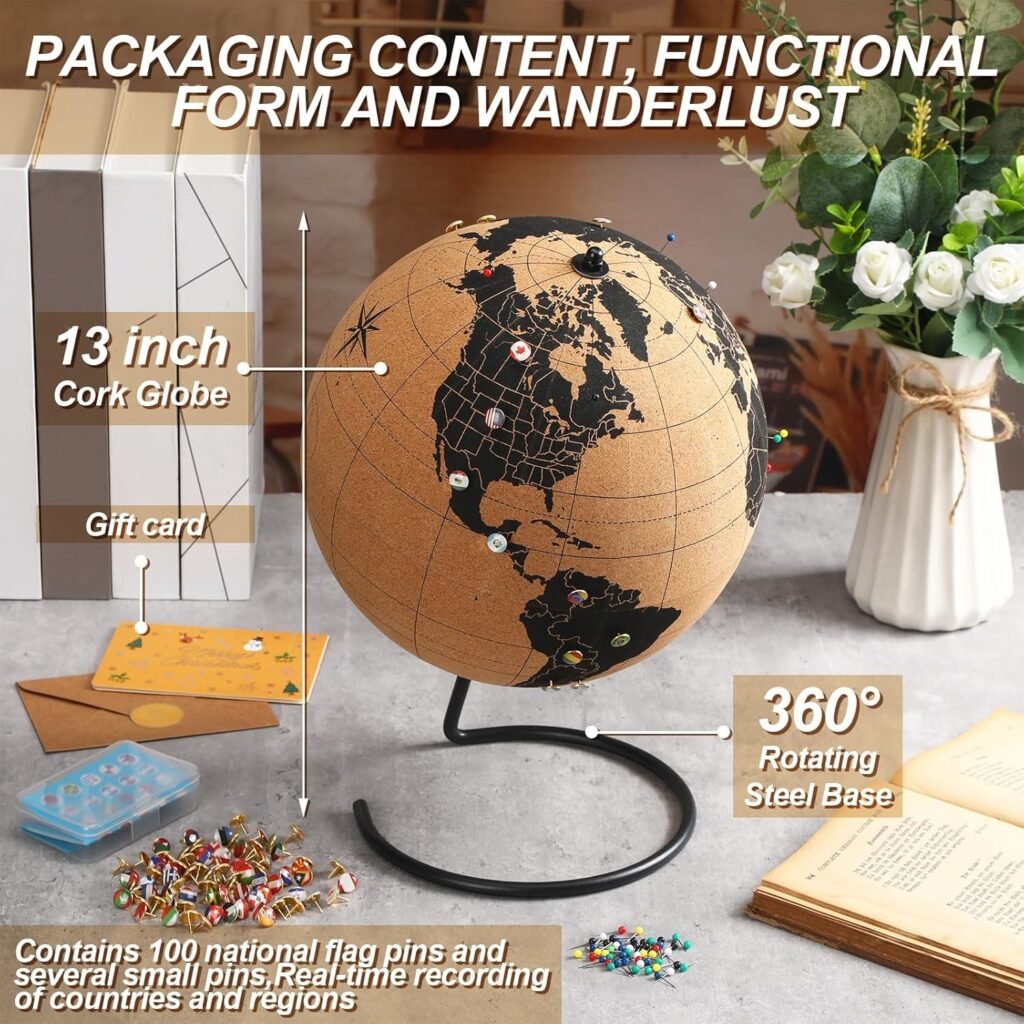 Personalized Cork Globe with 100 National Flag Push Christmas Gift Card 9.9H x 7.5Dia World Travel Map with Stand Adventure Spinning Globe Christmas Gift for Travel Lovers Personalized Cork Globe with 100 National Flag Push Christmas Gift Card 9.9H x 7.5Dia World Travel Map with Stand Adventure Spinning Globe Christmas Gift for Travel Lovers